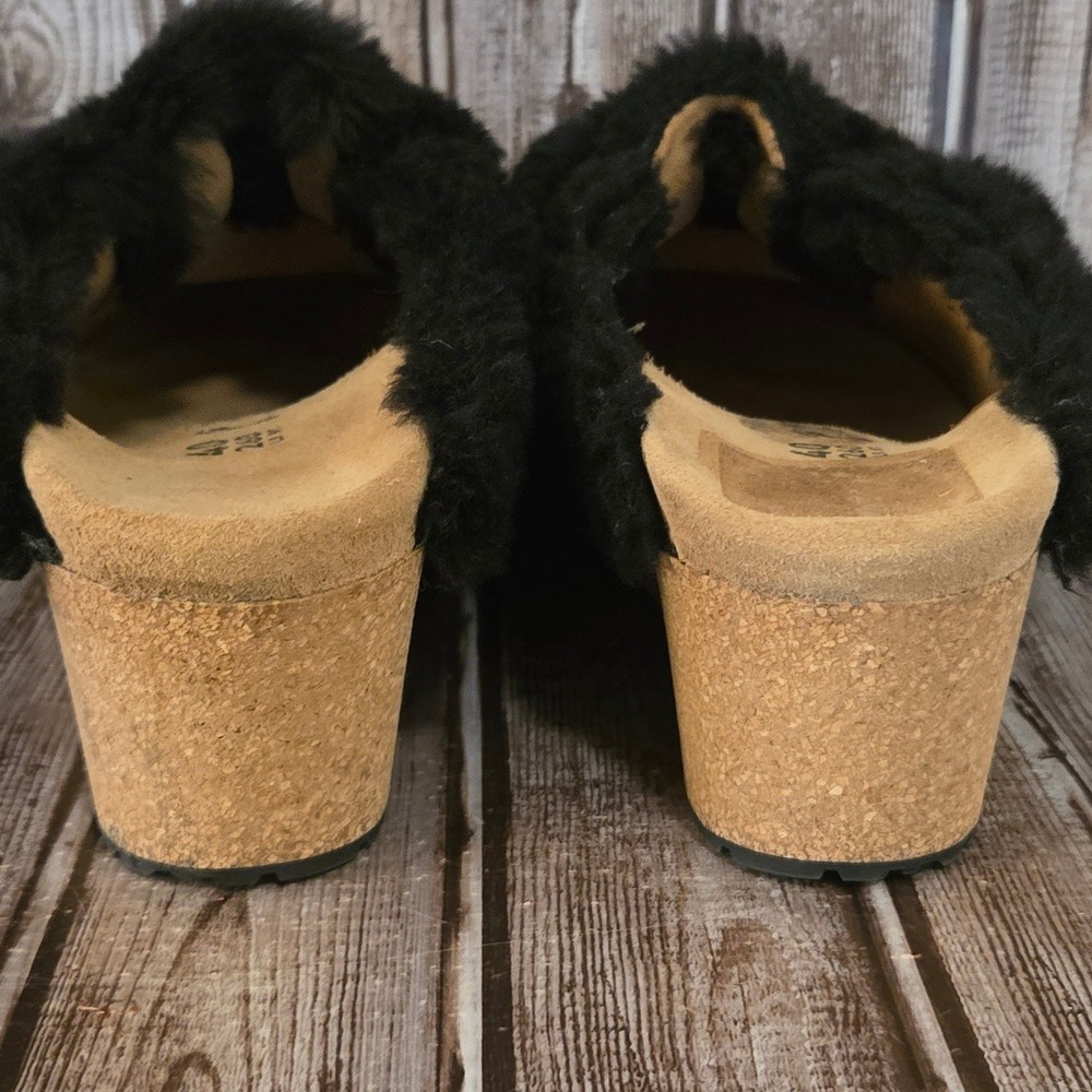 Sz 40 / 9 N Birkenstock Papillio Fanny Teddy Black Shearling Wedge Mules Clogs - Picture 4 of 8
